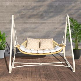 Outdoor Patio Porch Swing, 2-Seat Hanging Swing Chair with Thickened Cushions and Pillow, Rattan Porch Swing Chair Outdoor Hammock Chair for Porch