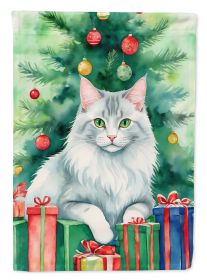 Turkish Angora Cat By the Christmas Tree Garden Flag Mailbox Flag Decorative Yard Flag Banner Outside Patio Artwork Yard Flower Beds, Garden Size