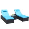 3-Piece Outdoor Patio Furniture Set Chaise Lounge, Patio Reclining Rattan Lounge Chair Chaise Couch Cushioned with Glass Coffee Table