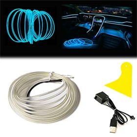 El Wire Interior Car LED Strip Lights, 2M Neon Wire USB 5V with Fuse Protection (Color: Light Blue)