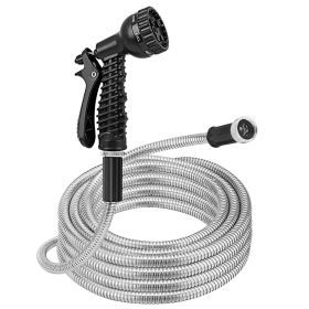 25FT/50FT/100FT Heavy Duty Stainless Steel Garden Hose Garden Watering Kit Metal Water Hose with 2 Nozzles 12 Patterns Flexible Extendable Kink Tangle (Length: 25ft)